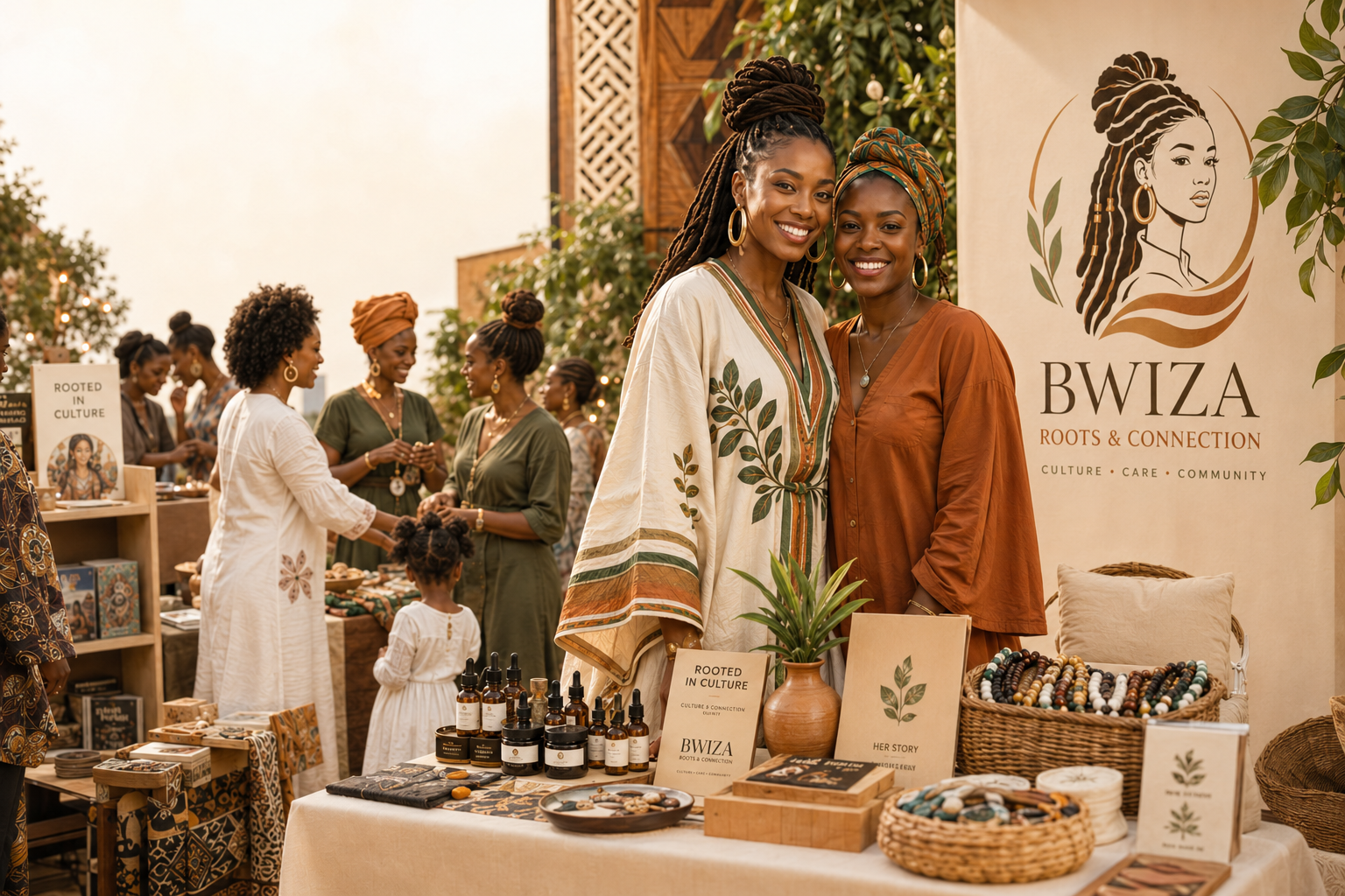 A Bwiza Roots & Connection community marketplace with women, makers, beauty products, books, beads, and cultural exchange.